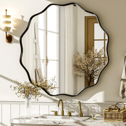 Decorative Wavy Round Bathroom Mirror with Deep Frame