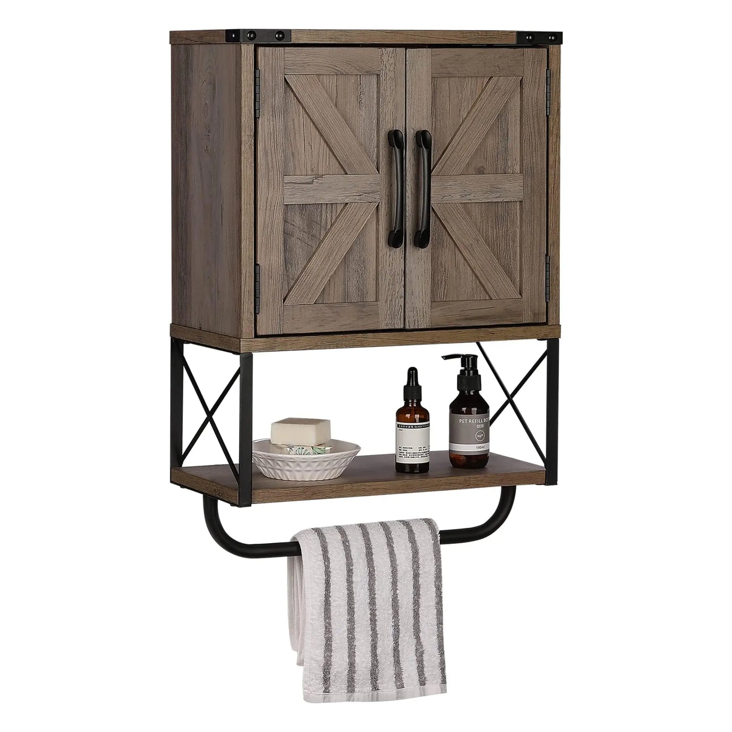 Farmhouse Rustic Medicine Cabinet With Two Barn Doors,Wood, Wall Mounted With Adjustable Shelf And Towel Bar
