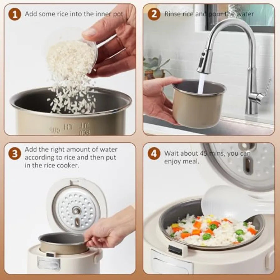 Mini Rice Cooker, 2 Cup Uncooked 4 Cup Cooked, Portable Non-stick for Dorm Office 1-2 Person