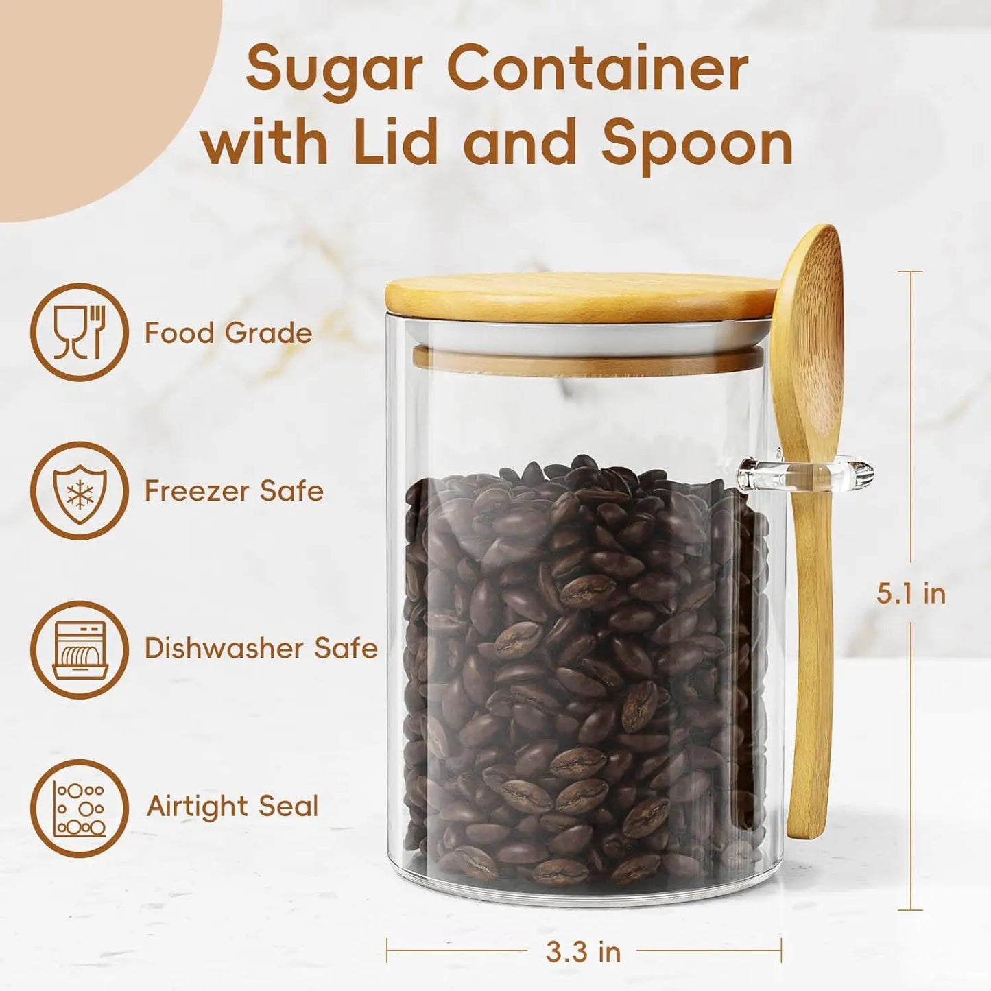 Glass Container, 15oz Airtight Canister with Bamboo Lid and Spoon, for Coffee Beans, Spices