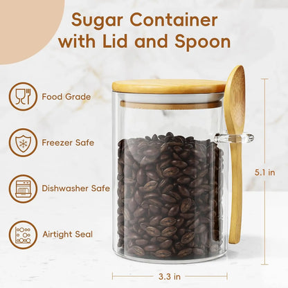 Glass Container, 15oz Airtight Canister with Bamboo Lid and Spoon, for Coffee Beans, Spices