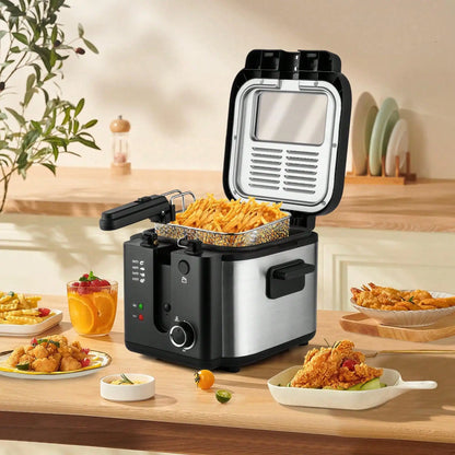 Deep Fryer With Basket, 1500W Electric For Home Use With Temperature Control, Removable Lid And 2.5L Non-Stick Inner Pot Easy To Clean 304 Stainless Steel