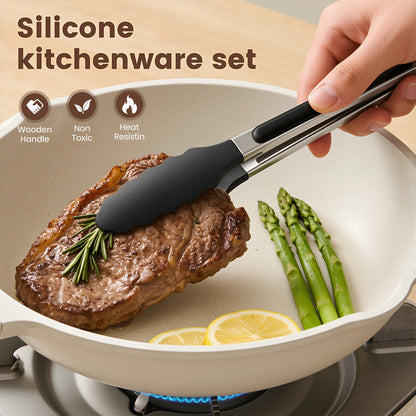 Silicone Wooden Handle 44-Piece Non-Stick  Kitchen Utensil Set, Food-Grade Heat-Resistant Cookware Set for Kitchen & Baking