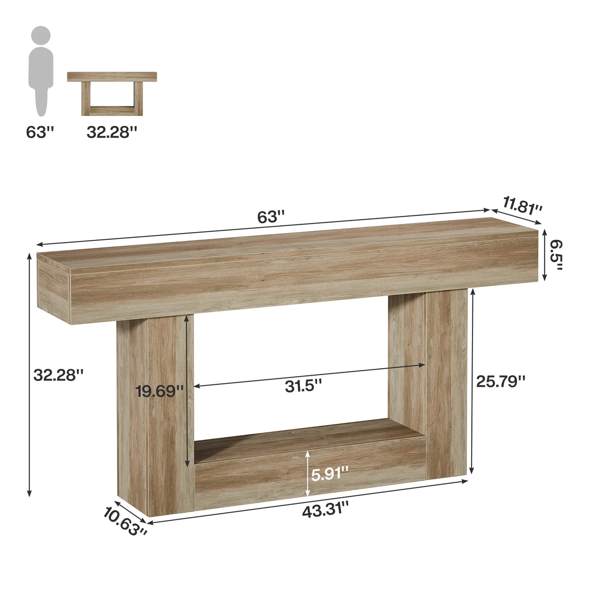63" Console Table, Farmhouse 2-Tier Entryway Table with U-Shaped Base, Narrow Long Wood Sofa Table, Behind Couch Table