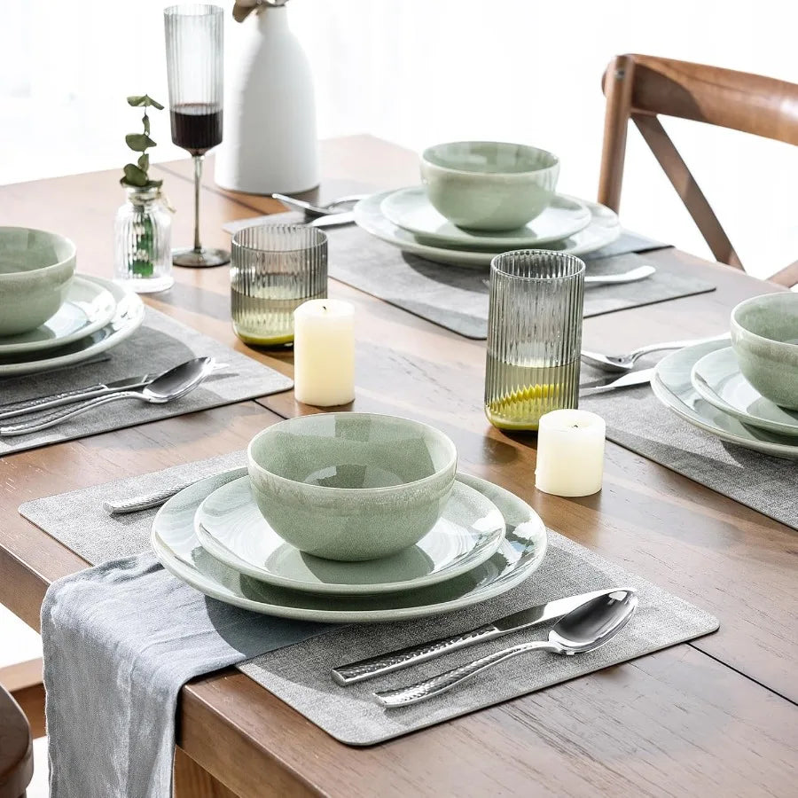 Ceramic Dinnerware Sets for 4, 12 Piece Handpainted Plates and Bowls, Scratch Resistant Stoneware Dishes