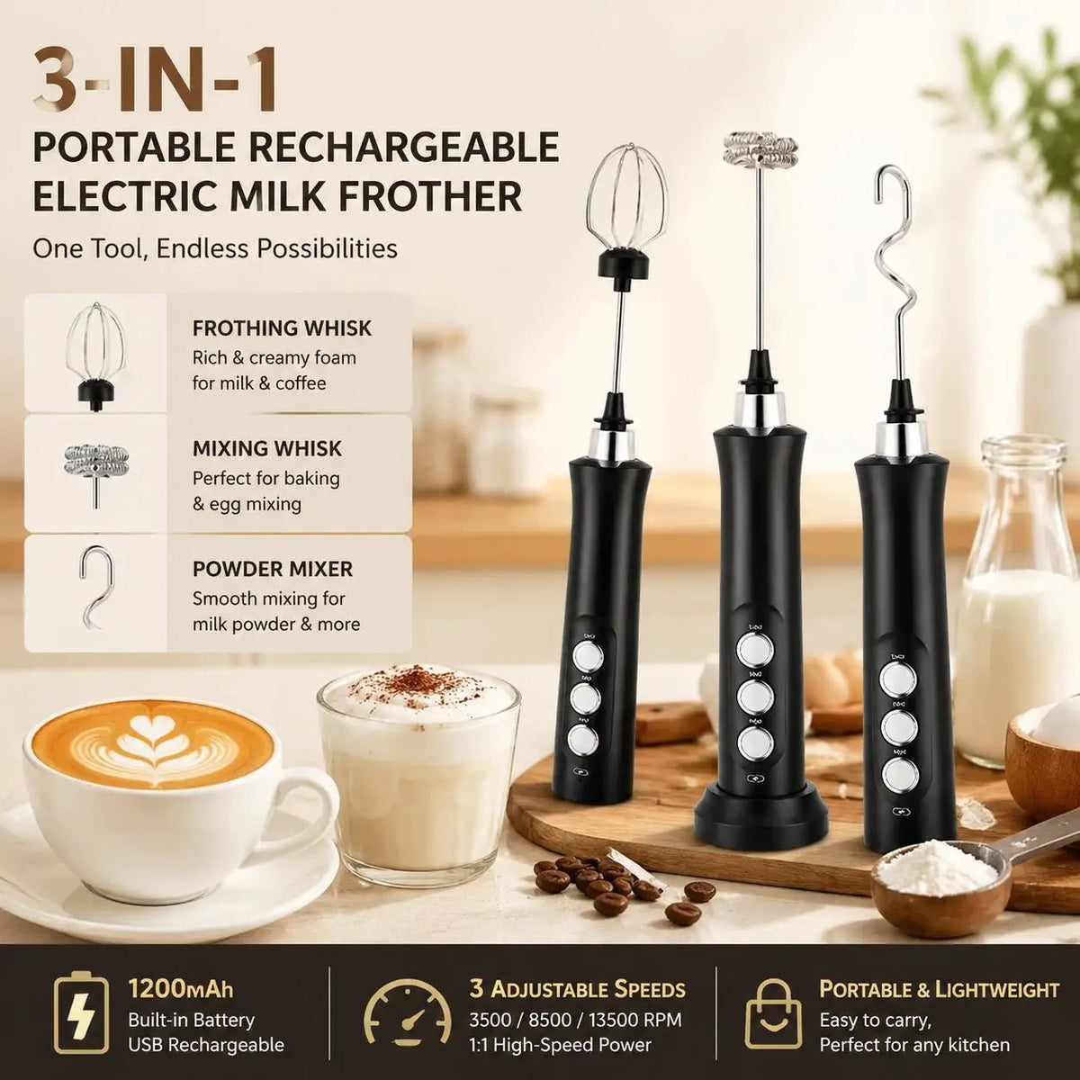 USB Rechargeable Milk Frother, Mini Handheld Electric Foam Maker, 3 Speed Stainless Steel Whisks for Latte Coffee Cappuccino Hot Chocolate