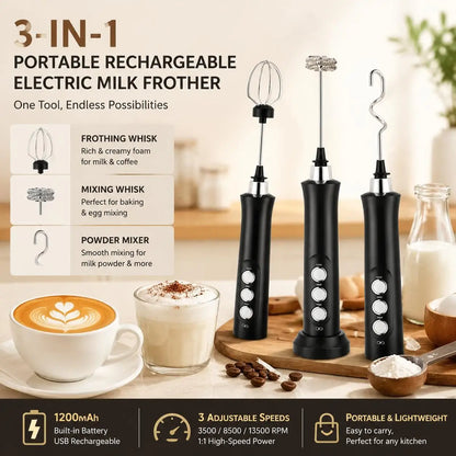 USB Rechargeable Milk Frother, Mini Handheld Electric Foam Maker, 3 Speed Stainless Steel Whisks for Latte Coffee Cappuccino Hot Chocolate