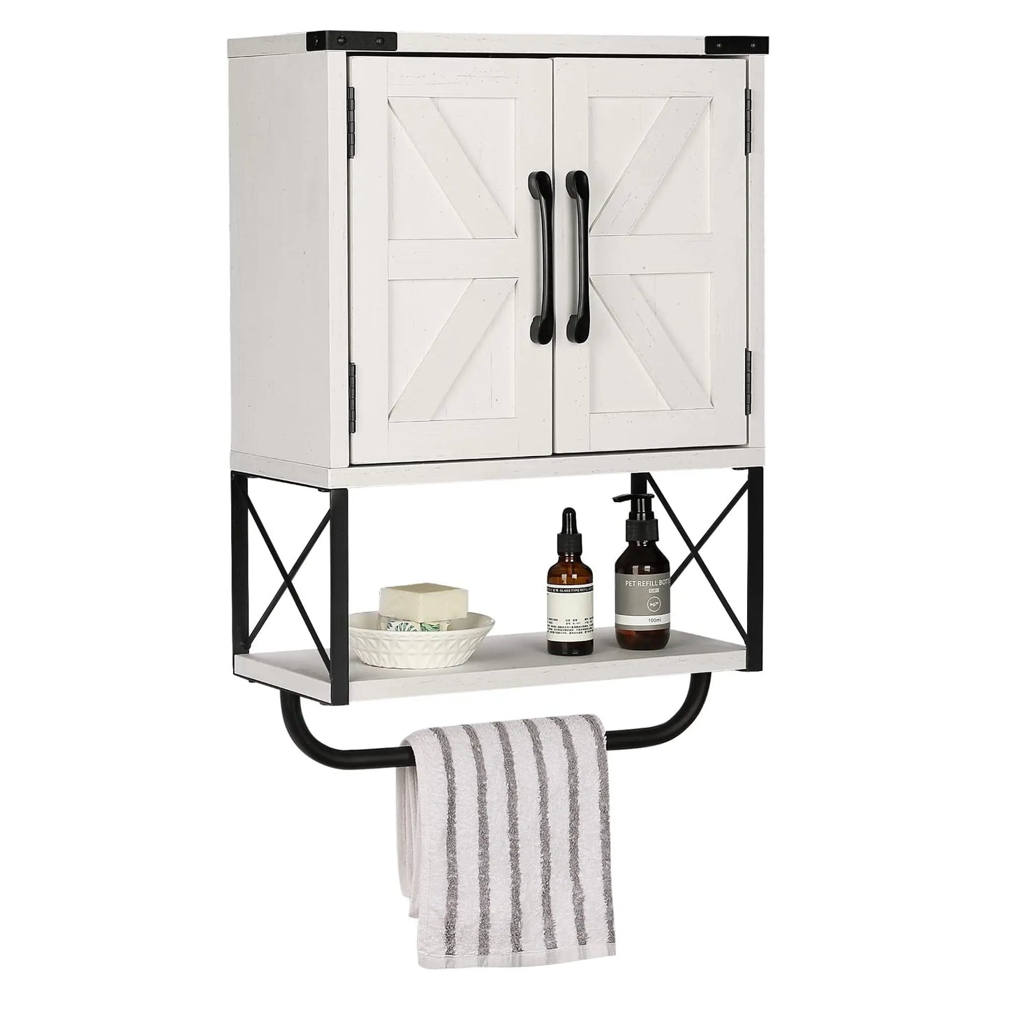 Farmhouse Rustic Medicine Cabinet With Two Barn Doors,Wood, Wall Mounted With Adjustable Shelf And Towel Bar