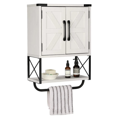 Farmhouse Rustic Medicine Cabinet With Two Barn Doors,Wood, Wall Mounted With Adjustable Shelf And Towel Bar