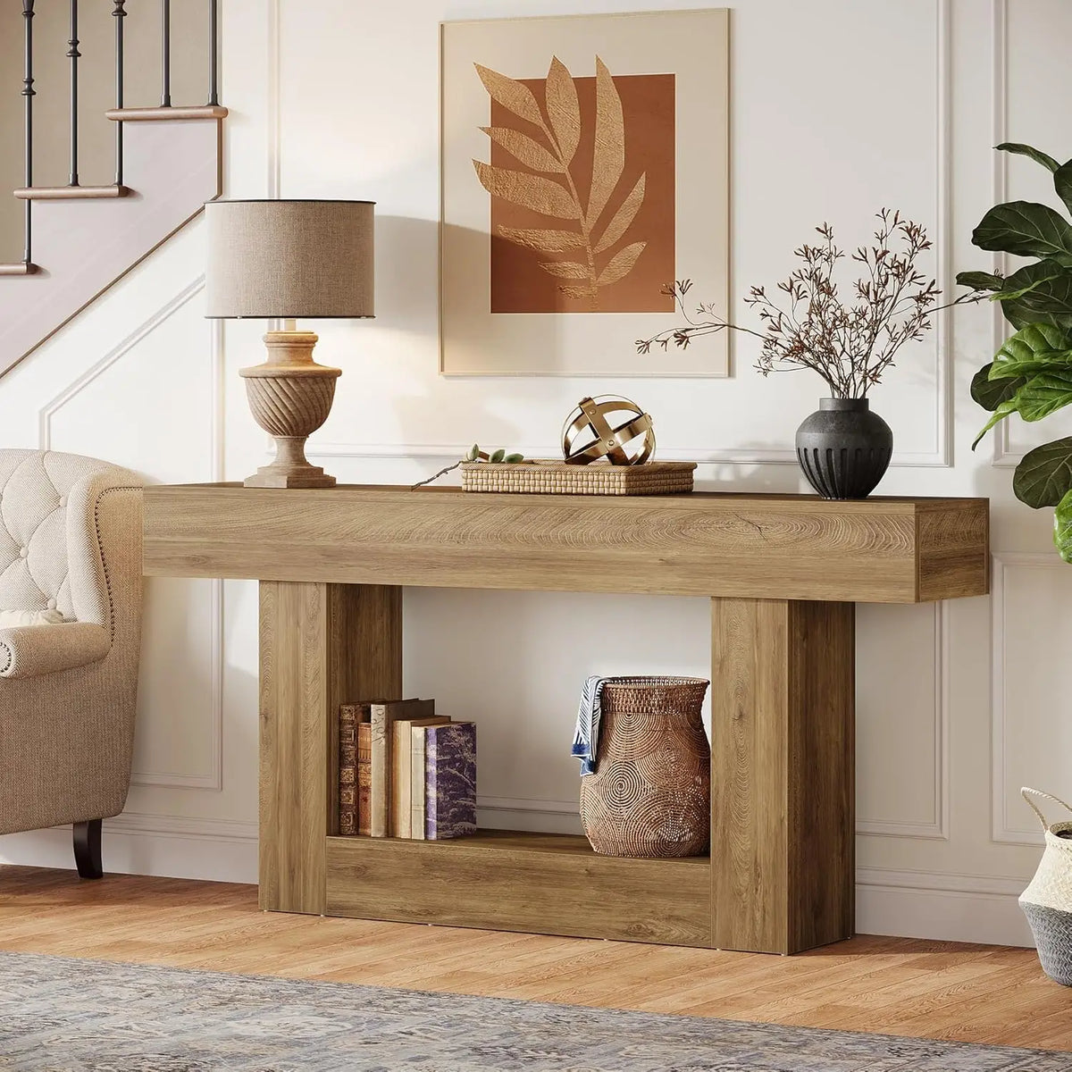 63" Console Table, Farmhouse 2-Tier Entryway Table with U-Shaped Base, Narrow Long Wood Sofa Table, Behind Couch Table