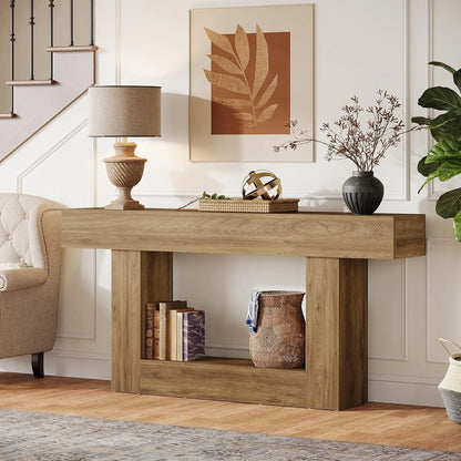 63" Console Table, Farmhouse 2-Tier Entryway Table with U-Shaped Base, Narrow Long Wood Sofa Table, Behind Couch Table