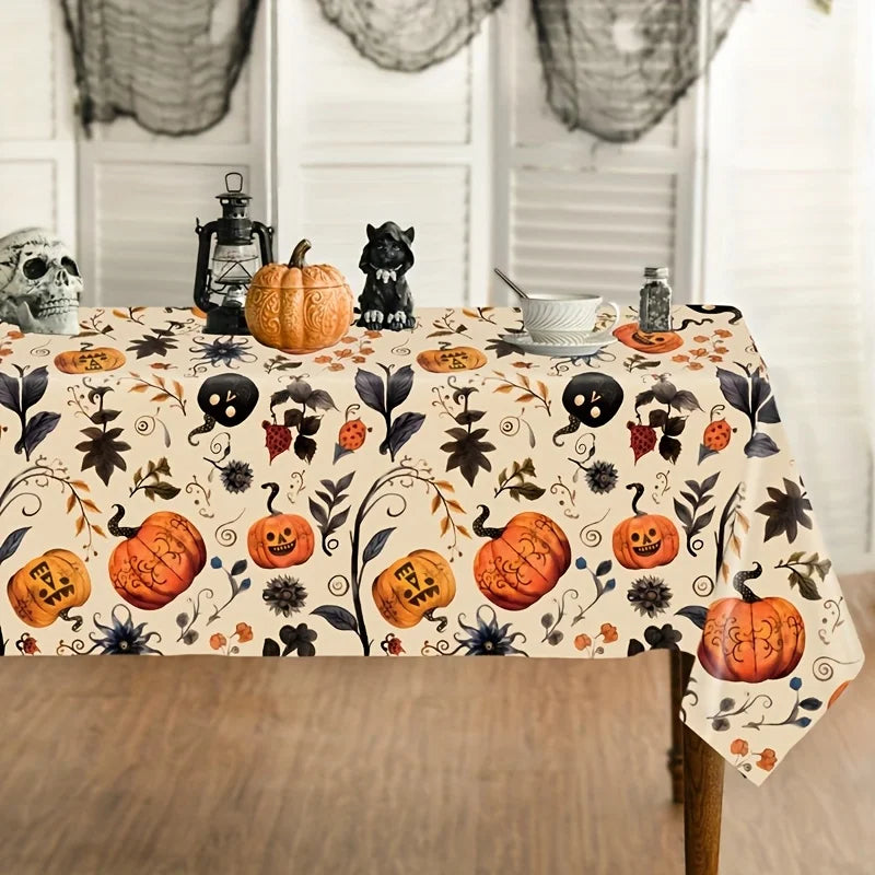 1pc,Halloween Pumpkin Tablecloth, 86.61*51.18inch, Beige Background Plastic Tablecover, Halloween Decoration for Home,Halloween Party,Table Decor