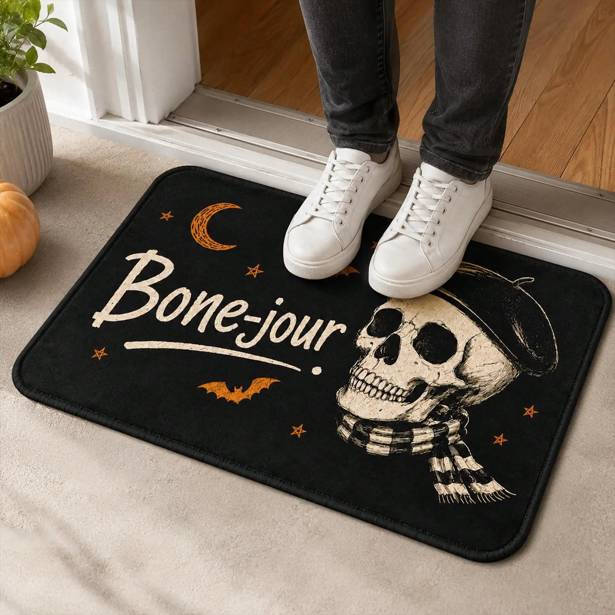 Flannel Halloween Doormat, Non‑Slip Absorbent Entryway Rug, Funny Skeleton Skull Gothic and Bat Floor Mat, Spooky Fall Outdoor Decor