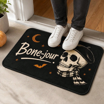 Flannel Halloween Doormat, Non‑Slip Absorbent Entryway Rug, Funny Skeleton Skull Gothic and Bat Floor Mat, Spooky Fall Outdoor Decor