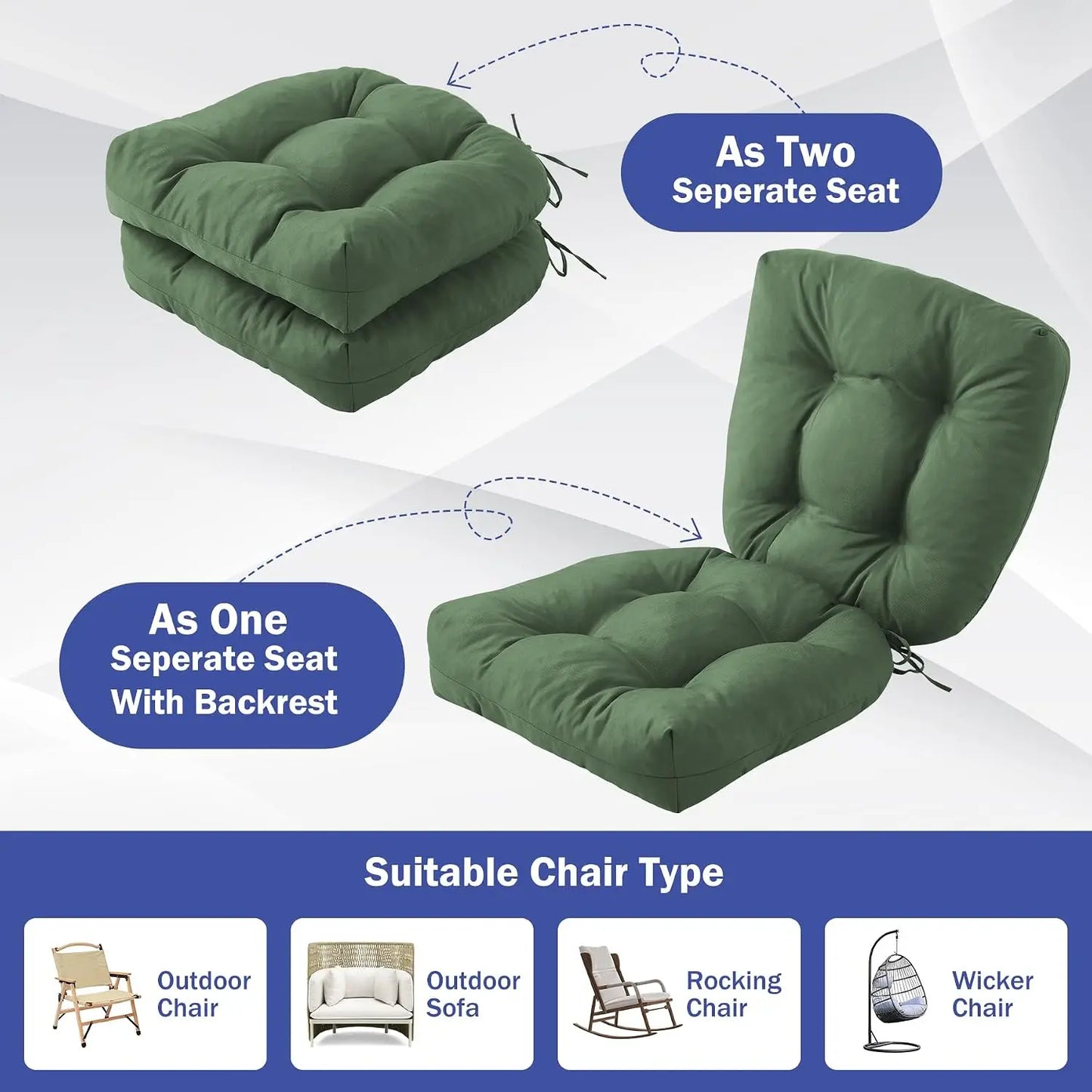 Outdoor Chair Cushions Set of 2, with Ties, 19x19+5” Tufted , Waterproof