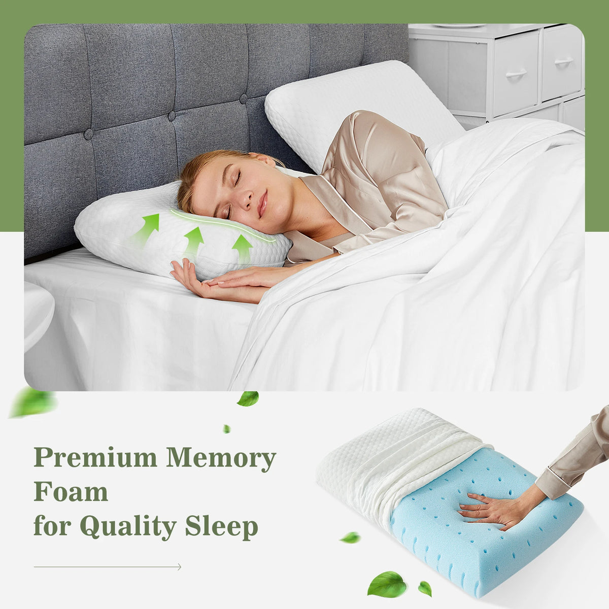2-pieces Memory Foam Pillows, Standard Size Neck Pillow, Ventilated Cooling Bed Pillow with Removable Washable Cover ,
