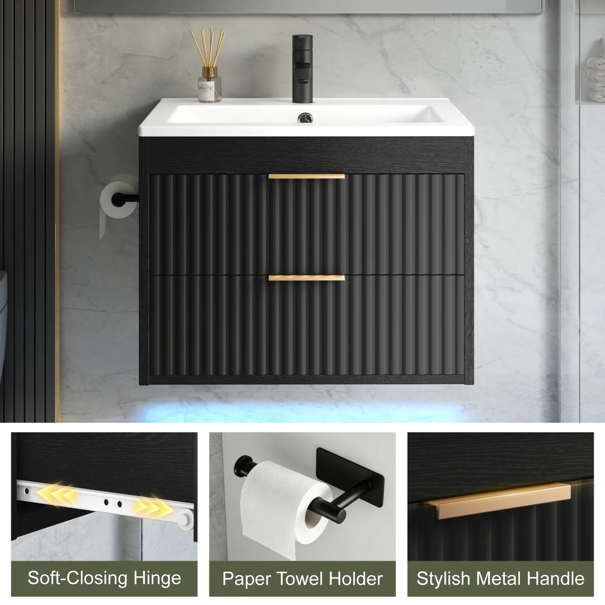 24' Floating Bathroom Vanity with Sink, Modern Wall Mounted Cabinet, 2 Drawers with Black Handles, for Bathroom/Laundry Room