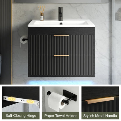 24' Floating Bathroom Vanity with Sink, Modern Wall Mounted Cabinet, 2 Drawers with Black Handles, for Bathroom/Laundry Room