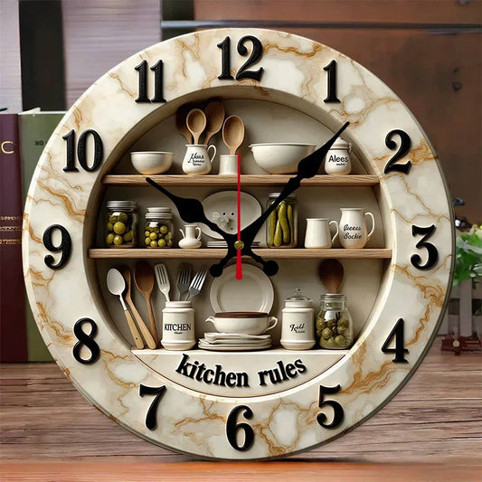 2D Flat Kitchen Rules Design, Wooden Round Silent Hanging Wall Clock,For Living Room,Office,Study Room,Bedroom, Home Decoration