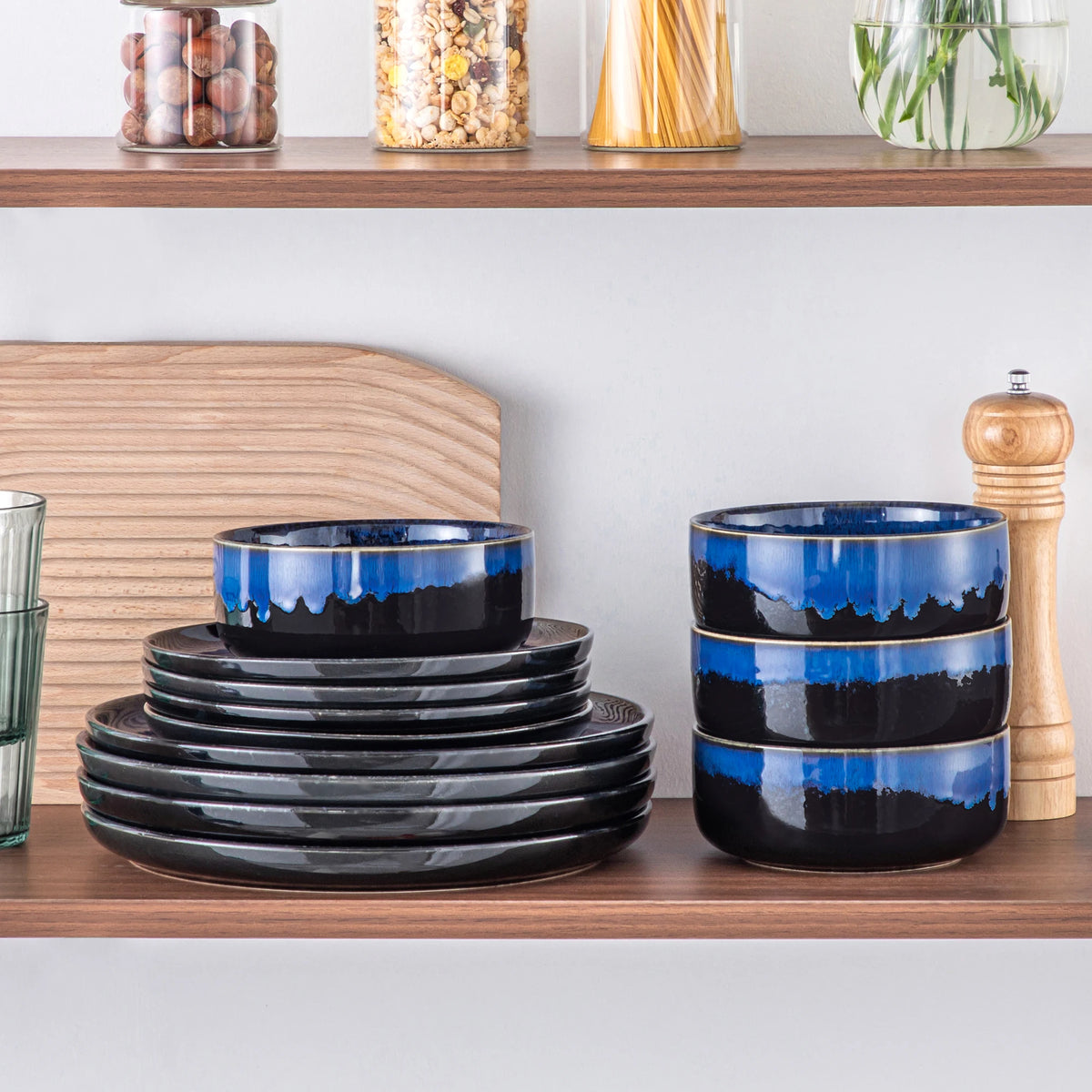 2/24 PCS Starry Blue Reactive Glaze Stoneware Dinnerware Sets, Ceramic Plates Set with 4 pcs Dinner Plate/Dessert/Bowl
