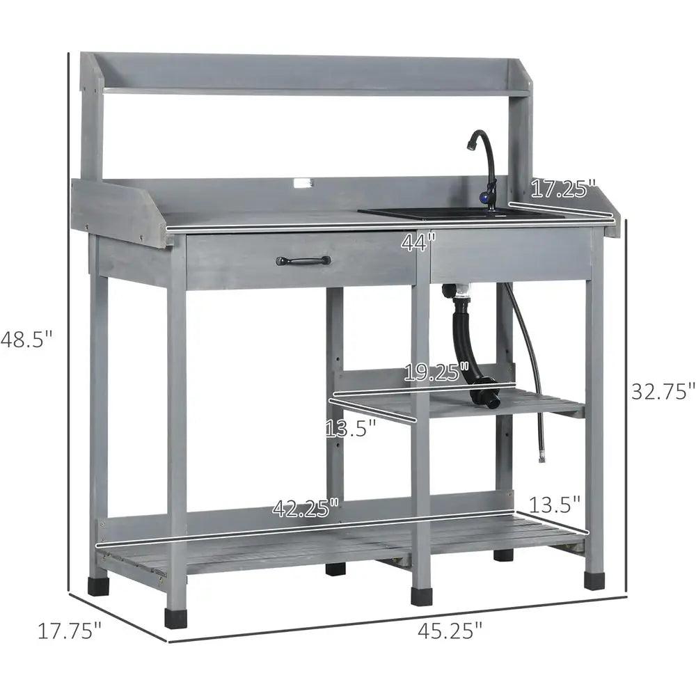 Outdoor Wooden Garden Workbench with Detachable Sink, Faucet, Storage, and Hooks, Gray