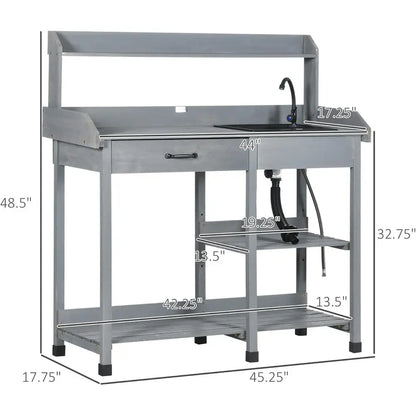 Outdoor Wooden Garden Workbench with Detachable Sink, Faucet, Storage, and Hooks, Gray