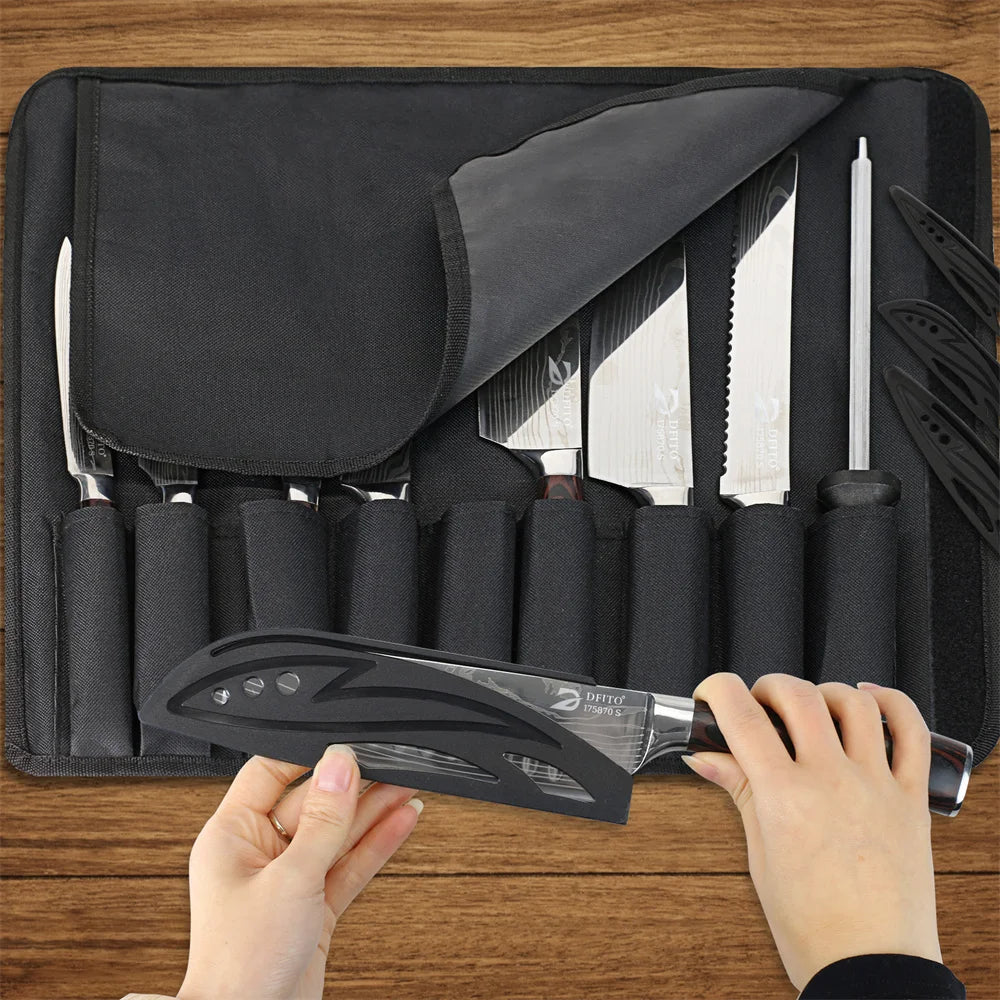 8PCS Damascus Stainless Steel Kitchen Knife Set, Super Sharp Japanese Style Chef Santoku Cleaver, Slicing Boning Utility Paring Knives Complete Cooking Cutlery Kit with Portable Protective Nylon Carry Bag for Home Kitchen Che