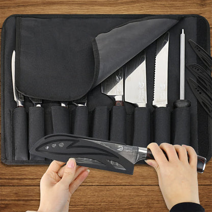 8PCS Damascus Stainless Steel Kitchen Knife Set, Super Sharp Japanese Style Chef Santoku Cleaver, Slicing Boning Utility Paring Knives Complete Cooking Cutlery Kit with Portable Protective Nylon Carry Bag for Home Kitchen Che