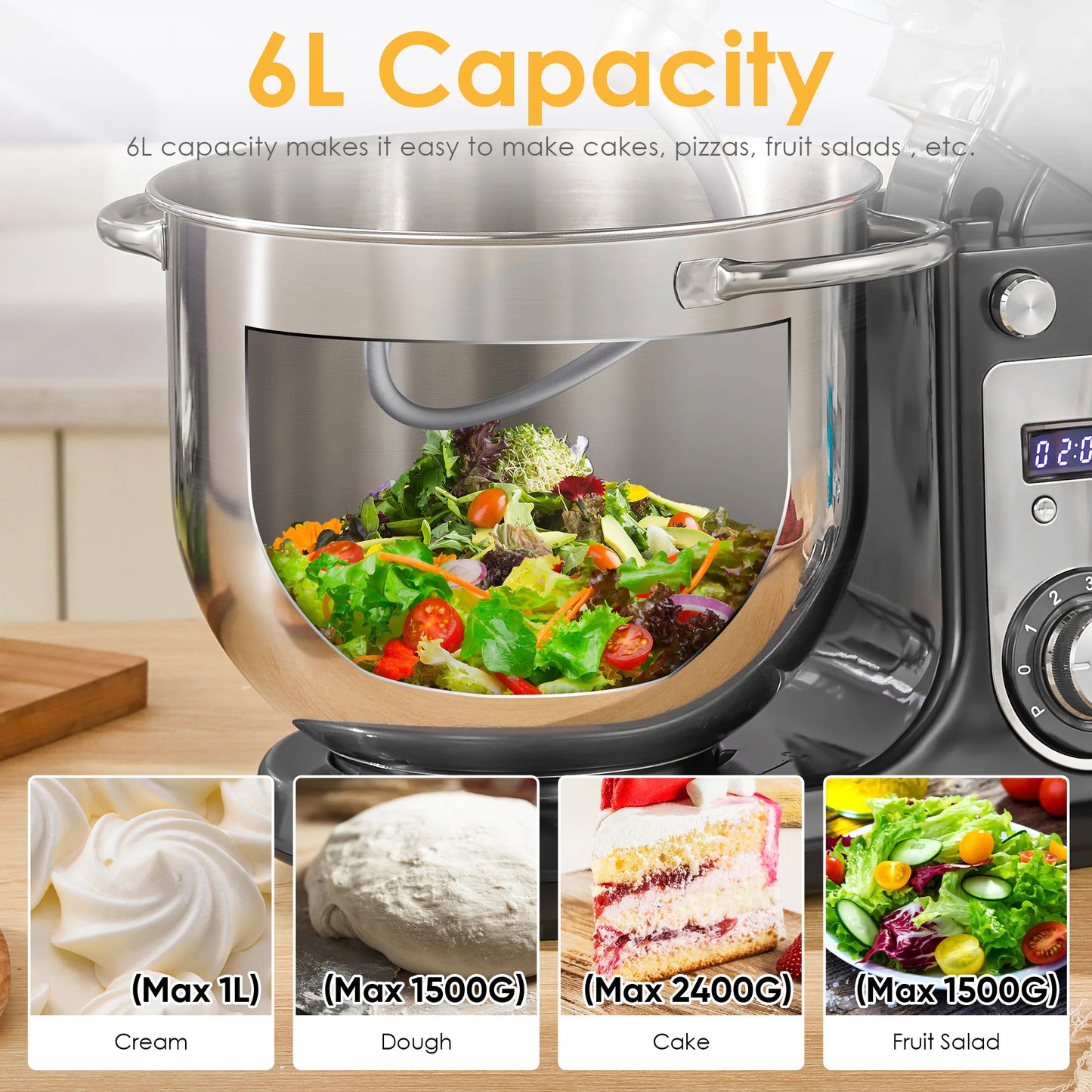 Kitchen Food Stand Mixer, Quiet Motor, Cream Egg Whisk, Whip Dough Kneader, 6-Speed, 1200 W