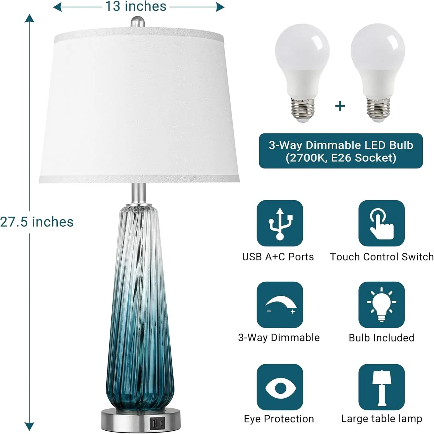 Touch Control Glass Table Lamps, Set of 2 with USB A+C Ports, 3-Way Dimmable, White Fabric Shade