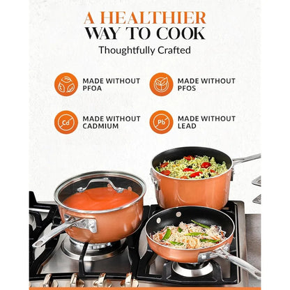 Stackable Pots and Pans, 10 Piece Cookware Set with Ultra Nonstick Cast Texture, Ceramic Coating Copper