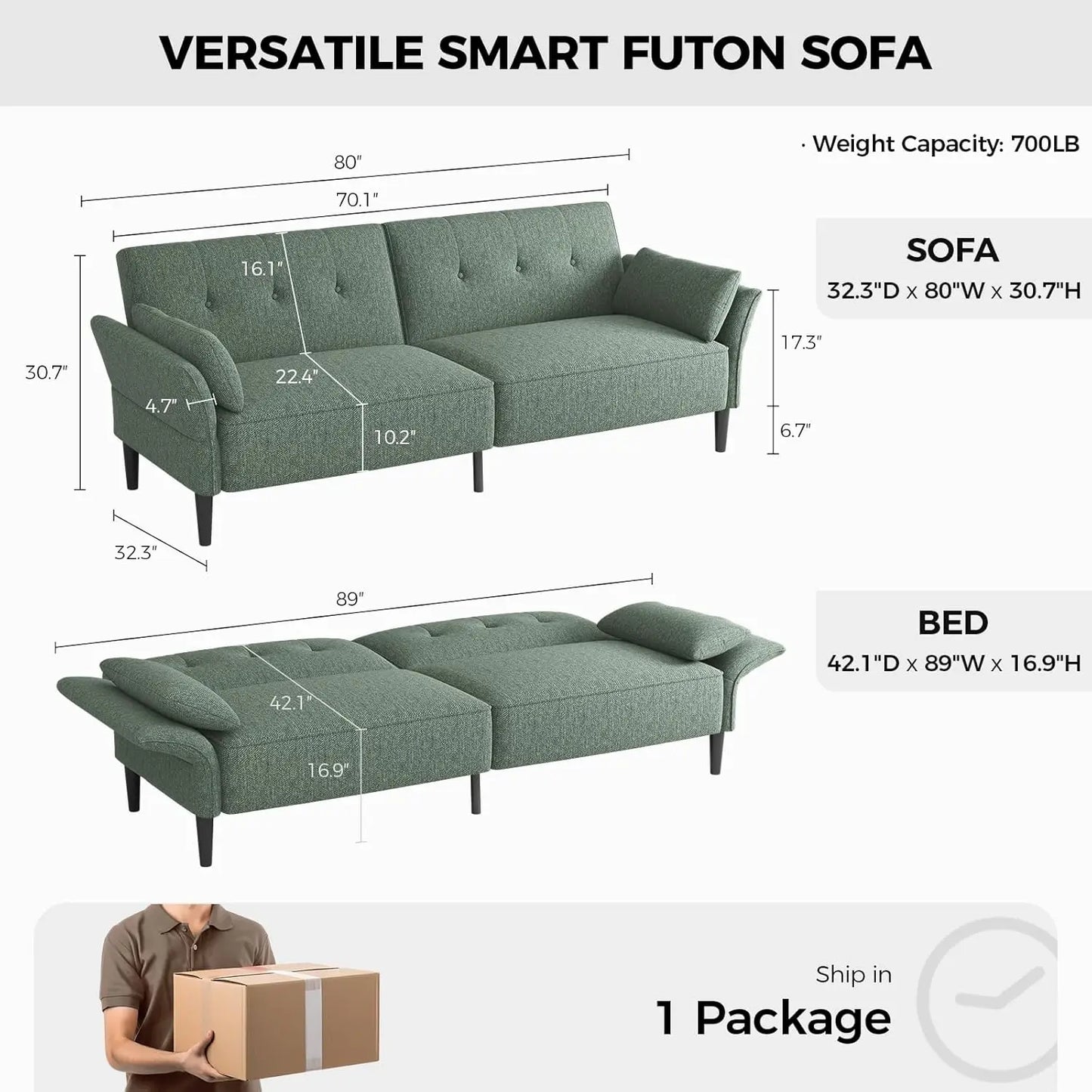 89” Convertible Futon Sofa Bed with 2 Square Pillows and Adjustable Backrest