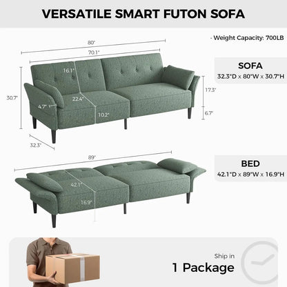 89” Convertible Futon Sofa Bed with 2 Square Pillows and Adjustable Backrest
