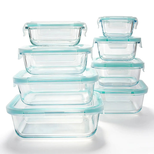 16Pcs Airtight Glass Food Storage Containers Set (8 Bowls & 8 Lids) Leakproof Meal Prep, Microwave Oven Safe, Kitchen Accessories Refrigerator Organizer for Salad Bento