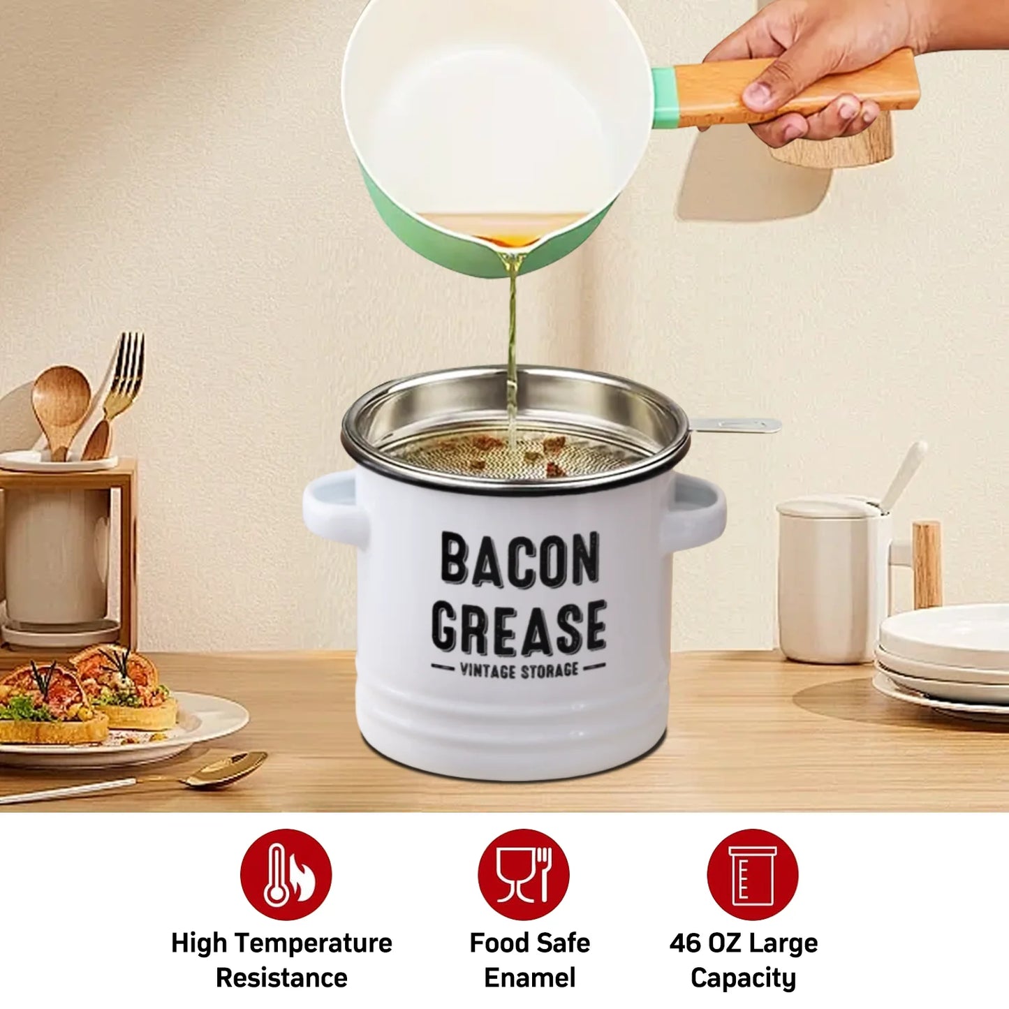 46 Oz Grease Container with Filter, Scraper, Strainer & Silicone Spatula, Dishwasher Safe