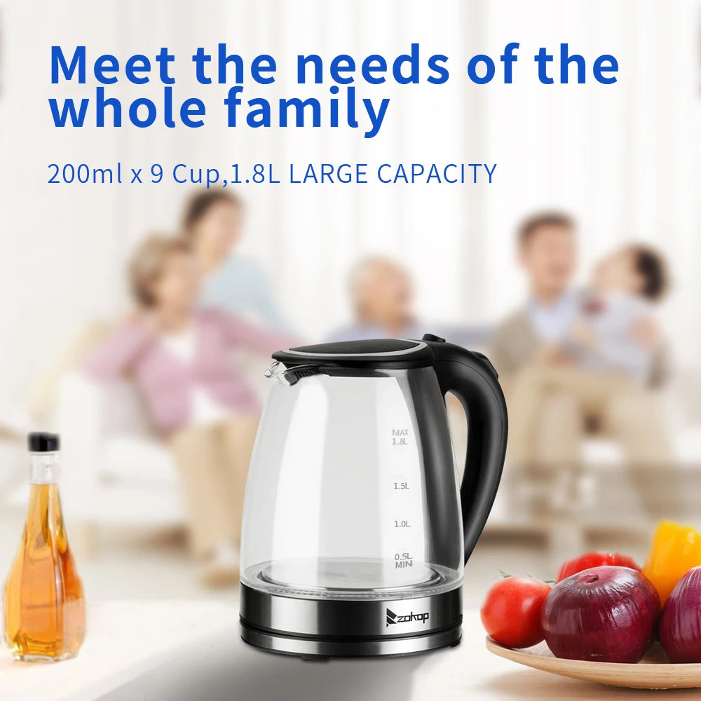 110V 1200W 1.8L Electric Glass Kettle, US Plug, Borosilicate Glass, Blue LED Auto Shut Off 360 Rotation Base