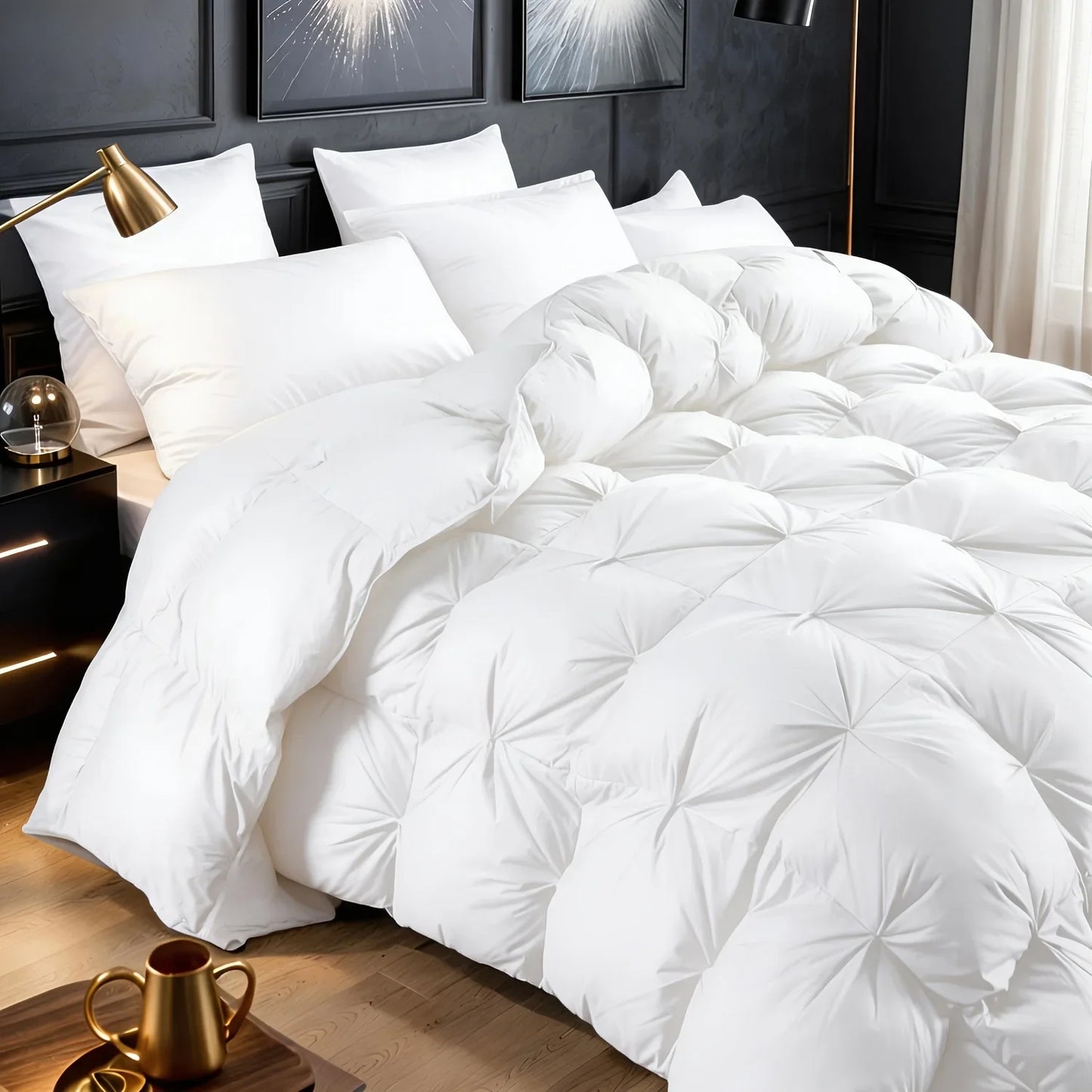 Opulent Pinch-Pleated Goose Down Duvet, Suitable for All Seasons, 100% Cotton Fabric