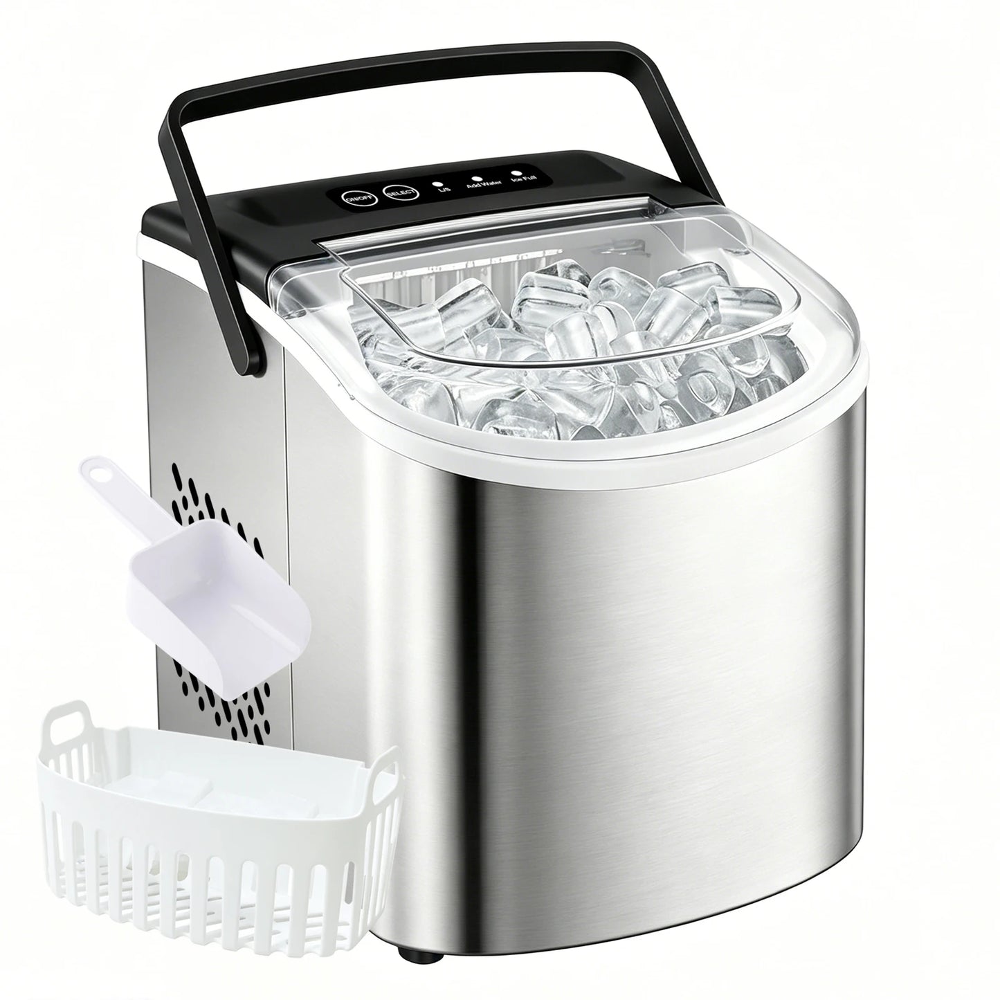 Portable Silver Stainless Steel Ice Maker with Handle, Produces 29 Pounds of Ice in 24 Hours