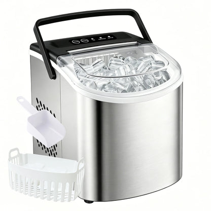 Portable Silver Stainless Steel Ice Maker with Handle, Produces 29 Pounds of Ice in 24 Hours