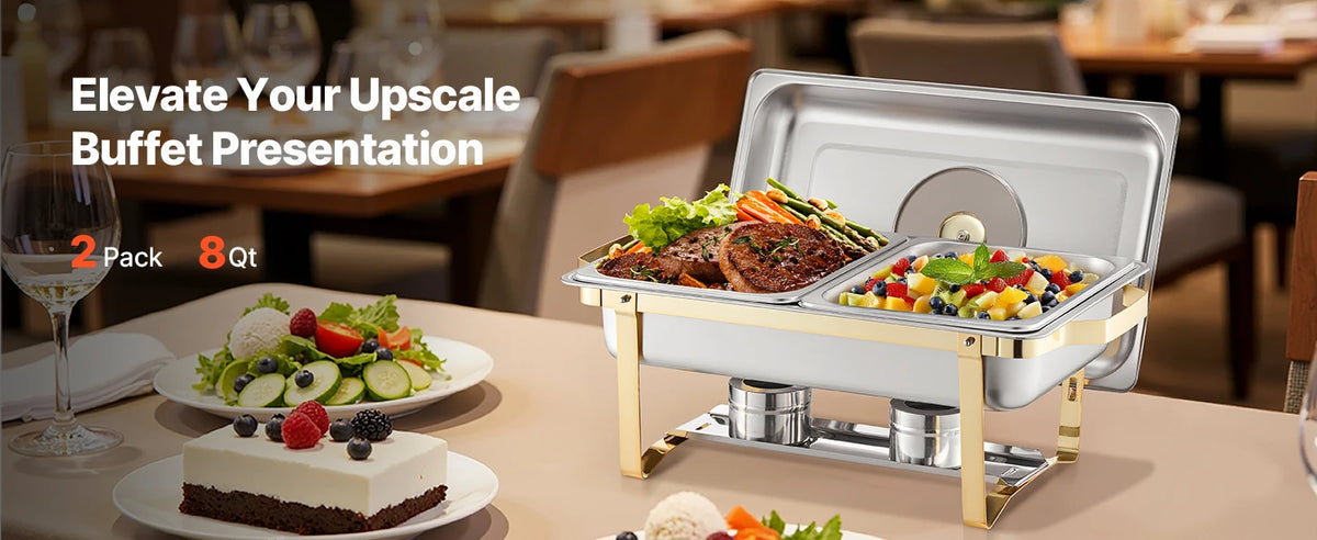 Chafing Dish Buffet Set, 4 Qt 2 Pack Stainless Steel with Glass Lid, Water Pan Folding Stand