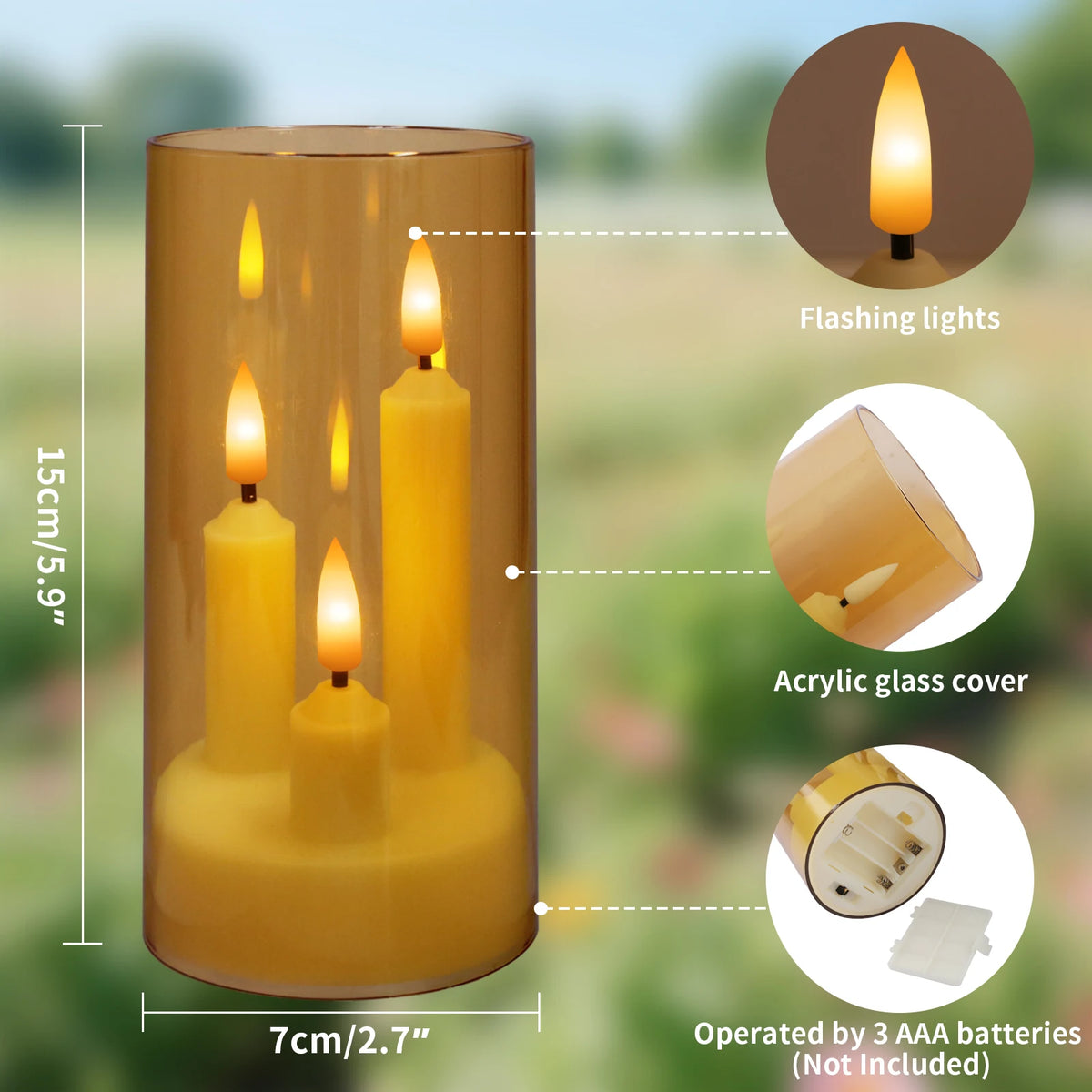 Flameless  Acrylic Short 3 in 1 Taper Candles, Warm Light Flickering Flameless Pillar, LED Electronic Tealight Battery Operated Decor
