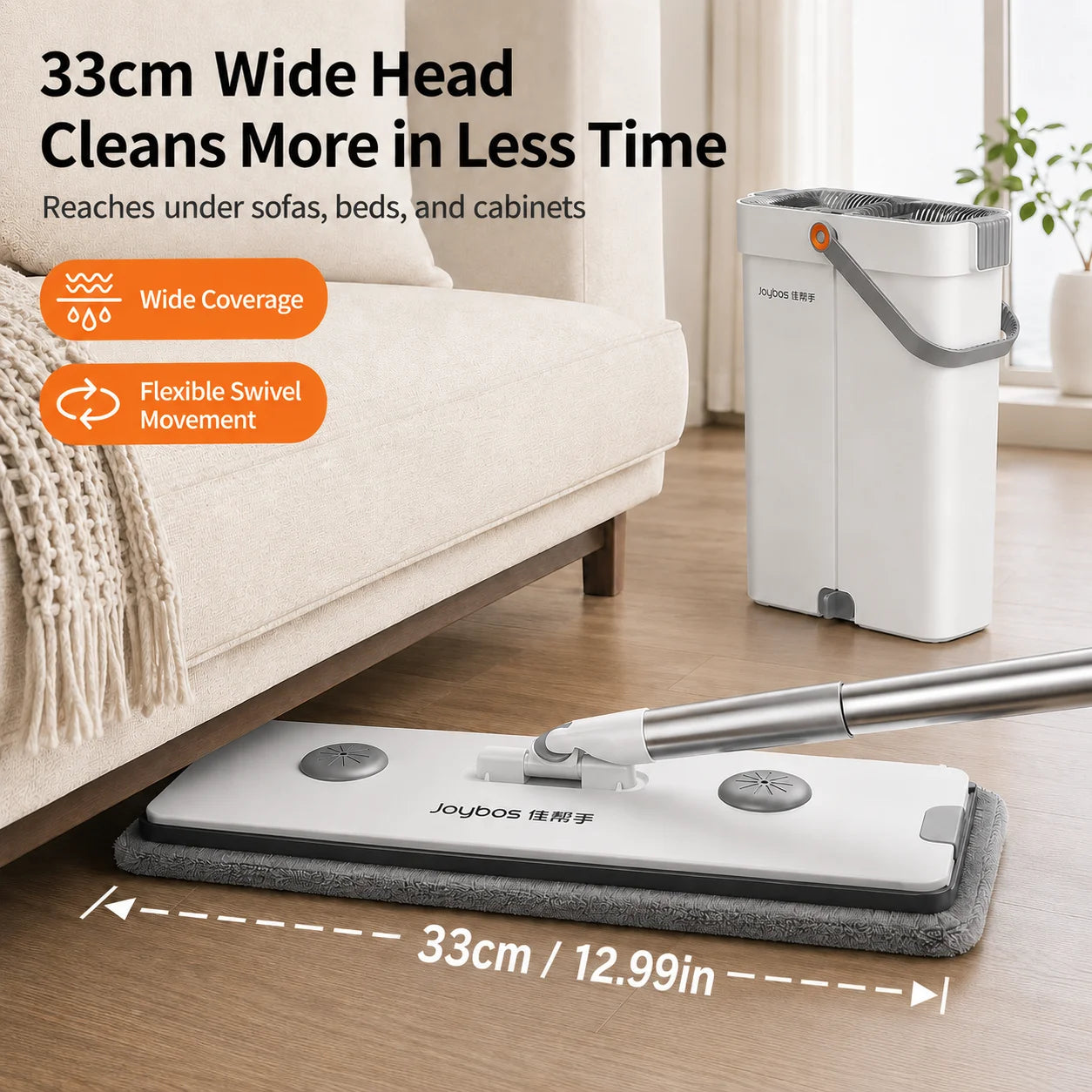 Ultra-Slim Flat Mop and Bucket System, Hands-Free Wash & Dry Set with 2 Microfiber Pads, 360° Swivel Mop with Squeegee Edge for Hardwood Tile Laminate
