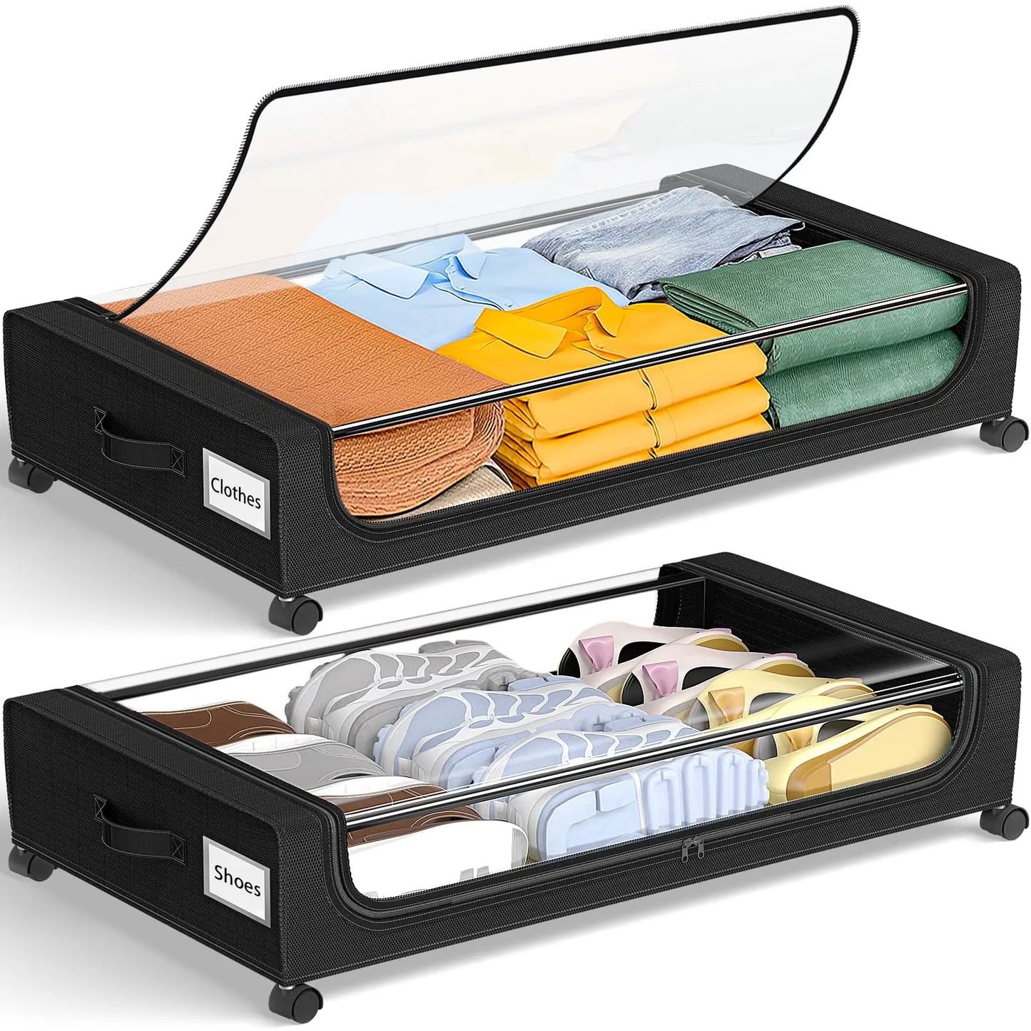 Under Bed Storage With Wheels, 2-Pack 48L Each With Clear Lids & Label,