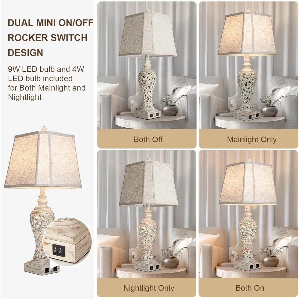 28.5" Table Lamps Set of 2 with Fabric Shades for Bedroom and Living Room with USB
