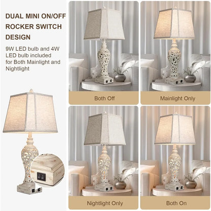 28.5" Table Lamps Set of 2 with Fabric Shades for Bedroom and Living Room with USB