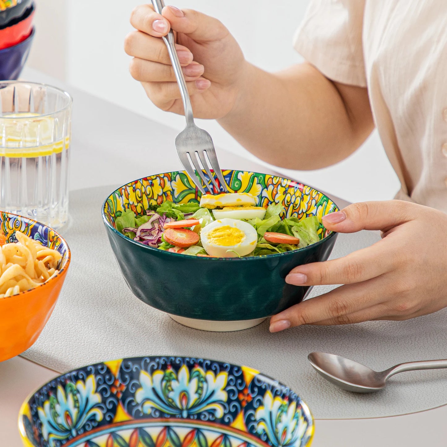 24 PCS Ceramic Dinnerware Set, Porcelain Bohemian Style with Dinner/Dessert Plate/Cereal/Pasta Bowl For 6