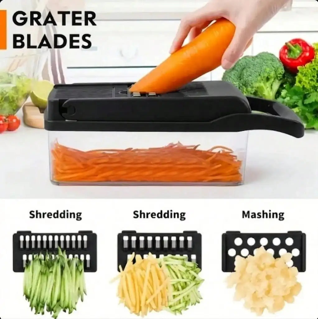 [Black Vegetable Slicer] 16-In-1 Multi-Functional Kitchen Food Slicer And Dicer With 8 Replaceable Blades & Storage Container