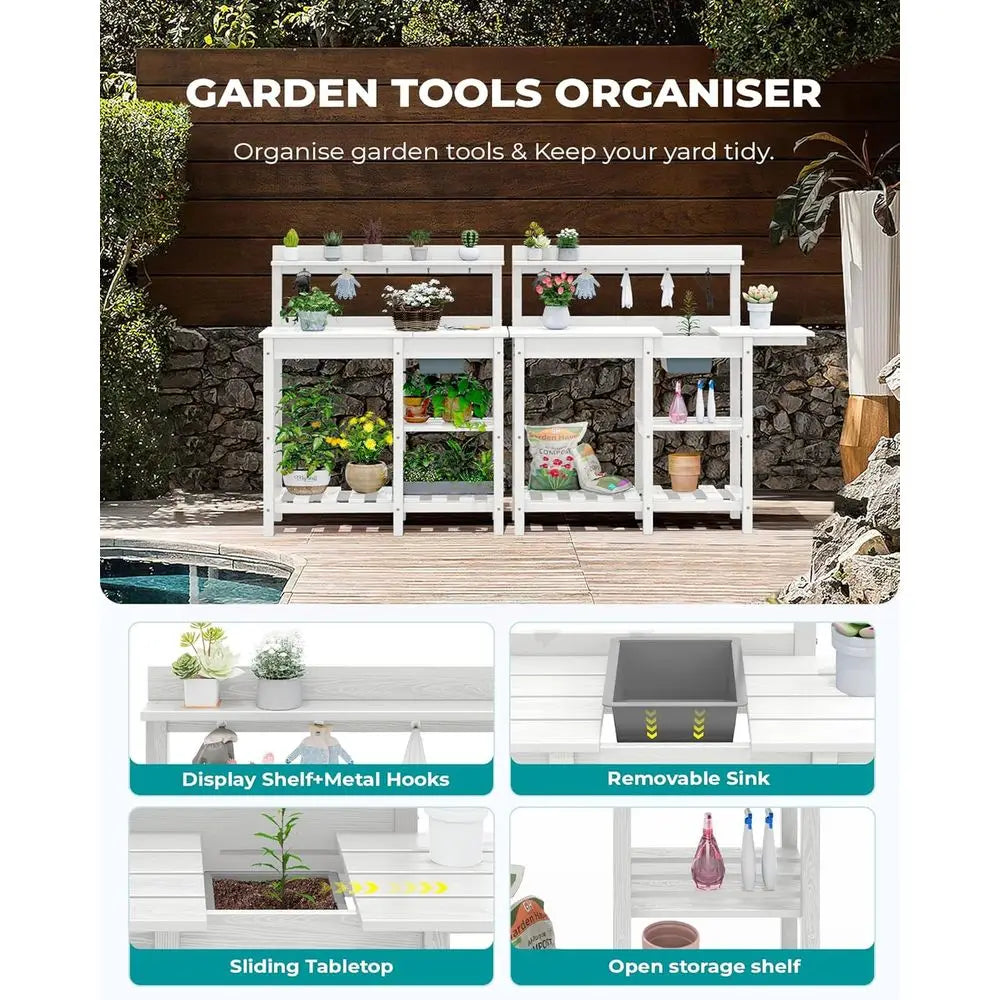 Portable Outdoor Garden Workbench with Detachable Sink, Weather-Resistant HDPE Table- White