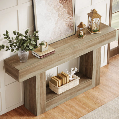 63" Console Table, Farmhouse 2-Tier Entryway Table with U-Shaped Base, Narrow Long Wood Sofa Table, Behind Couch Table