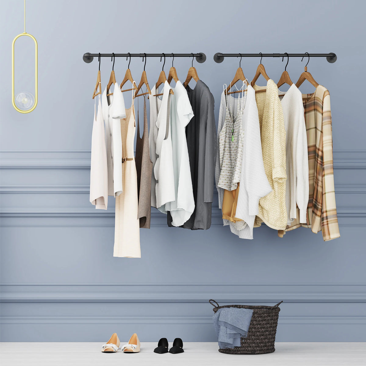 Pack Of 2 Industrial Pipe Clothes Rail Rack, Wall-mounted Garment Pipe Rack, Iron Closet Organizer